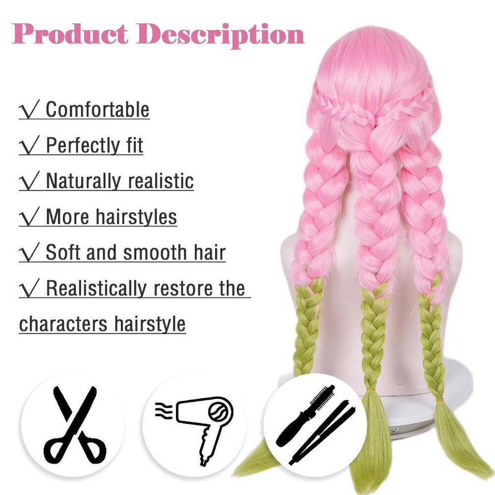 ✨ Women's Max Beauty Anime Pink and Green Wigs Cosplay Braided Hairs Pigtails - Picture 5 of 9